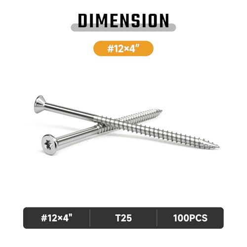 BZBULLET #12 × 4 inch 304 Stainless Steel Deck Screws Wood Screws, Flat Head T25 Star Drive, Type 17 Auger Tip with a Free T25 Star Drive Bit for All Outdoor Wood Construction 100Pcs by BZBULLET - Image 2