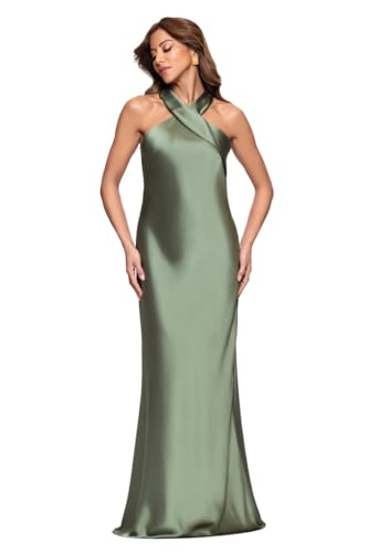 Image of Xscape Evenings Women's Long, Ruched Bodycon Low-Sheen Cross Front Halter Neck Evening Dress with Ruffle Detail