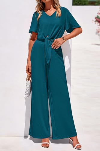 PRETTYGARDEN Women 2 Piece Summer Outfits Short Sleeve Strappy Top Wide Leg Pants Tracksuit Lounge Sets Beach Clothes(Dark Blue,X-Large) — view 4