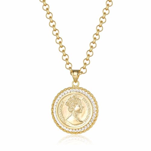 Queen Elizabeth Coin Pendant Necklace with Clear Stones: Opulent Craftsmanship, 18k Gold Plated Jewelry Pendant measures 37mm Chain Width: 5.5mm, Length: 22 inches, Weight: 45g - Bling King London