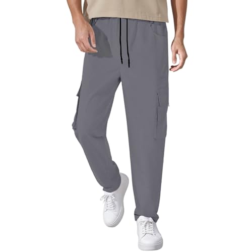 Men's Linen Casual Pants Summer Lightweight Drawstring Waist with Pockets Breathable Loose Fit for Daily