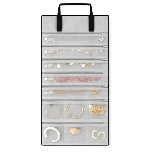 UnionPlus Velvet Jewelry Roll Organizer, 11 Grids, Black/Grey