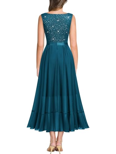 Image of Miusol Women's Vintage V-Neck Sleeveless Sequined Floral Lace Ruffle Split Evening Party Dress | Deep V-neck, sleeveless, sequin lace, ruffle design dress, suit for cocktail party, wedding and banquet