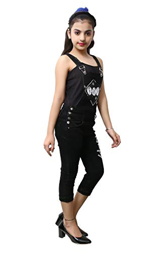 Image of FNOCKS Girls Casual WEAR Slim FIT Trendy Blue Denim Dungaree Capri (Black