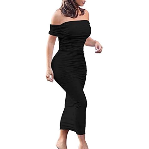 GOBLES Women's Ruched Off Shoulder Short Sleeve Bodycon Midi Elegant Cocktail Party Dress Black Cover