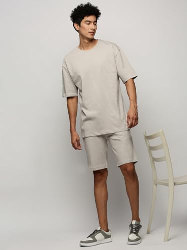 Image of SHOWOFFFF Men Solid Two-Piece Co Ords | Round Neck Half Sleeves Cotton Co Ords for Mens | Mid-Rise Regular Fit Above Knee Co Ords for Men's