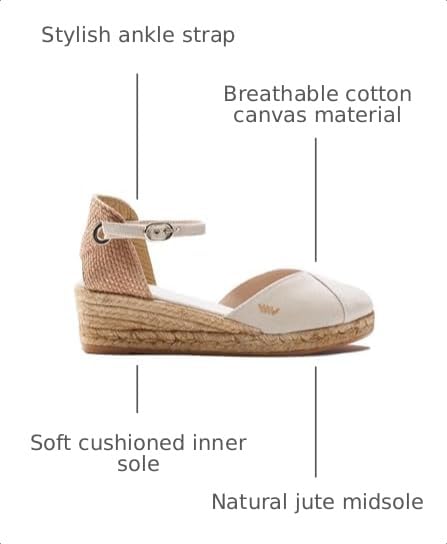 Image of Viscata Pubol Espadrille Canvas Low Wedges with Ankle Strap Spain Handmade 2 inch Heel Women's Sandals with Breathable Organic Cotton Canvas and 100% Natural Jute for all Occasions: Casual, Work, Party