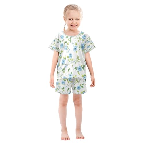 senya Short Sleeve Pajamas Sets Summer Cotton Sleepwear Blue Rose Green Leaves3