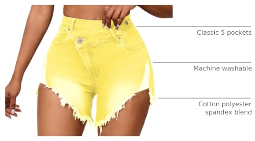Image of PINSV Women's High Waisted Crossover Jean Shorts Ripped Raw Hem Summer Hot Denim Shorts Yellow L