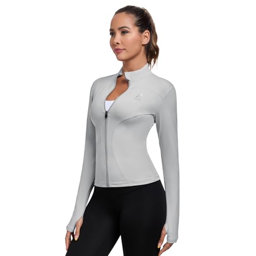 AURVAE Women's Workout Jacket, Womens Cropped Lightweight Running Jackets, Zip Slim Fit Athletic Tops for Gym, Yoga, Jogging (Small, LightGray)