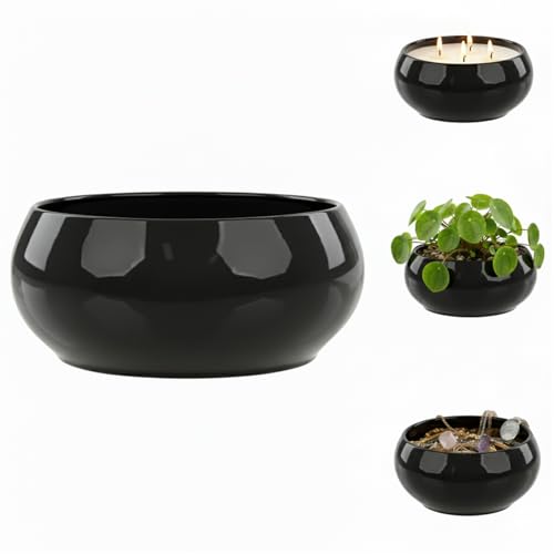 botle Pot de fleurs en céramique noir - Diamètre : 25,5 cm - Bol décoratif glamour - Pour plantes succulentes - Décoration de table - Pour mariage - Rangement de bijoux
