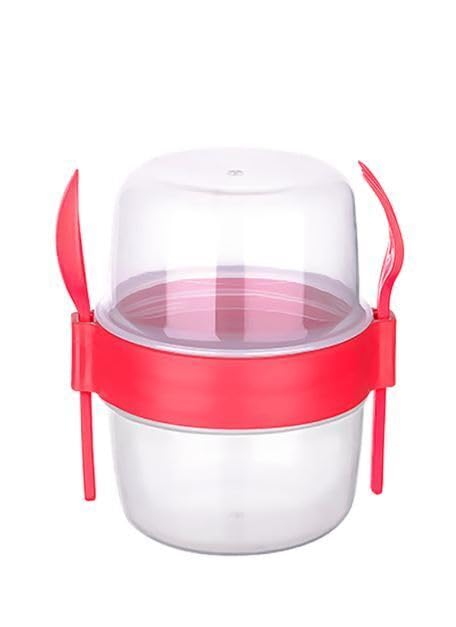 Titiz Cup with Spoon Fork Fruit Overnight Oats MUESLI Cereal Food Container Compact and Comfortable Perfect for Holding Snacks Drinks for Lunch Container is Transparent Made of plastic 800ml (Red)