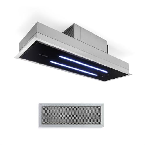 Klarstein High Line Ceiling Hood - Built-In, 77 cm, 410 m3 / h, Circulating/Exhaust Air, 3 Steps, LED, Remote Control, Activated Carbon Filter, Substructure Hood, Stainless Steel/Black Glass