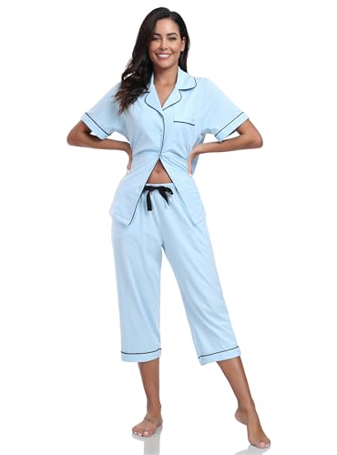 Image of COLORFULLEAF 100% Cotton Capri Pajama for Women Set Summer Short Sleeve Pj Sets for Women Cotton Sleepwear