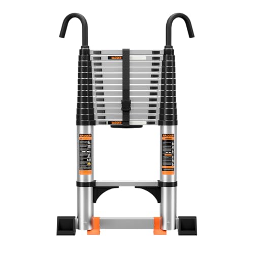 Telescoping Ladder,12.5FT Aluminum Multi-Purpose Collapsible Ladder with Stabilizers and Hooks,Jiashche Portable Extension Ladder for RV or Outdoor Work Silver,330lb Max Capacity by JIASHCHE - Used condition - US$78.19