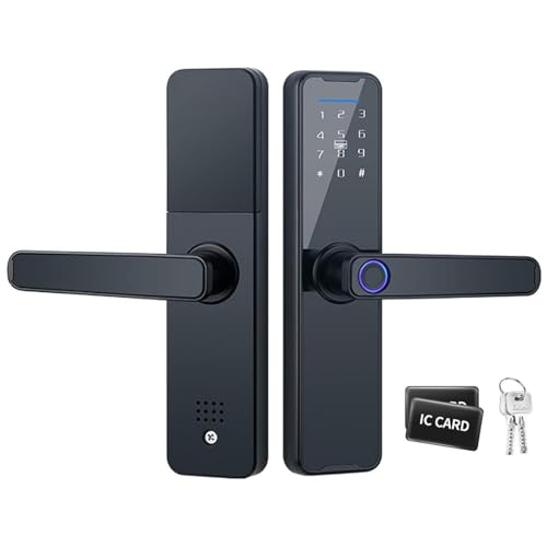VLUOO Door Lock Fingerprint Smart Door Lock with Handle, Biometric Door Locks with 2 Mechanical Keys and 2 IC Cards for Hotels, Offices and Homes