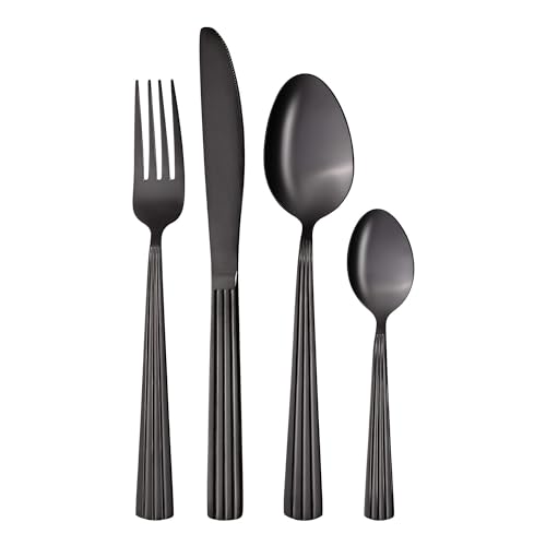 GRÄWE Besteckset für 4 Personen aus Edelstahl, schwarzes Essbesteck, Tafelbesteck Set 16-teilig, spülmaschinengeeignet, Besteck Set mit Dekor -...