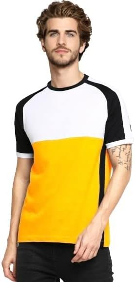 LEWEL Men's Cotton Half Sleeve Hooded Neck Colorblock T-Shirt(Combo Pack of 3)(Design313 - White Yellow,Black Orange,White Black)