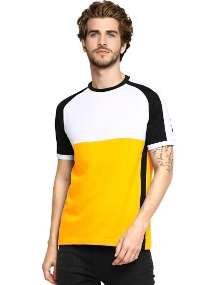 LEWEL Men's Cotton Half Sleeve Hooded Neck Colorblock T-Shirt(Combo Pack of 3)(Design313 - White Yellow,Black Orange,White Black)