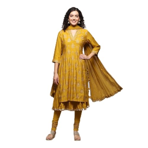 Image of BIBA Women Silk Layered Kurta Churidar Suit Set