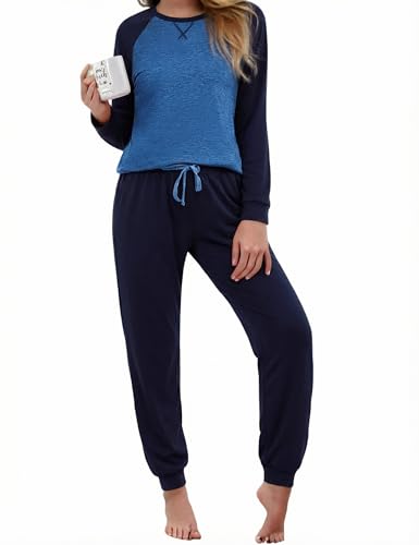 Aseniza Schlafanzug Damen Lang Baumwolle Winter Pyjama Set Langarm Warm Loungewear Dunkelblau L