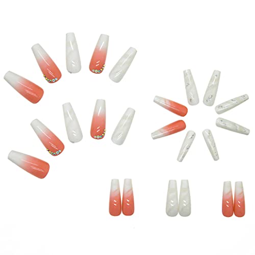 Foccna Gradient Pink Press On Nails Coffin Long Fake Nails Bling False Nails Rhinestone Design White Nails Full Cover False Nail Tips 24 Pcs #TOP1