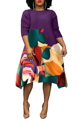 Women's Plus Size Midi Dress Floral Print 3/4 Sleeve A-Line Asymmetric Hem Casual Flowy Party Beach Midi Dresses