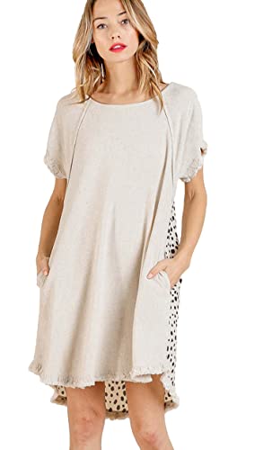Umgee Womens Linen Blend Short Sleeve Round Neck Animal Print Back Dress (M, Oatmeal Dalmation) #TOP21