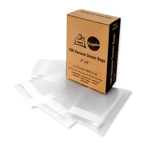 OutOfAir 100 Vacuum Sealer Bags: 4" x 6" Pre Cut Bags - Works with FoodSaver & Other Machines - 33% Thicker BPA Free, 4 Mil Commercial Grade, 4 x 6 inches