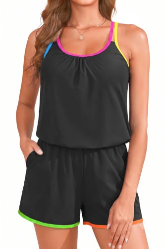 Image of Tempt Me Women Romper One Piece Swimsuits with Short | with Pockets, Modest, Removable cups, Boyleg, Full coverage