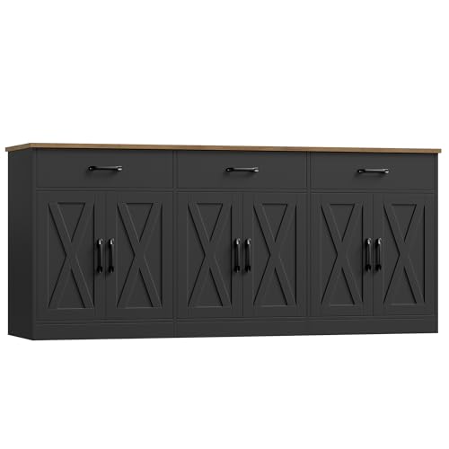 Image of HOSTACK 71" Large Sideboard Buffet Cabinet with Storage, Farmhouse Coffee Bar Cabinet with 3 Drawers, Long Kitchen Buffet Table, Kitchen Sideboard Storage Cabinet for Dining Room, Living Room, Black