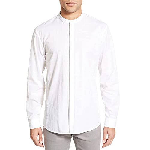 Men's Band Collar Button Down Shirts Cotton Linen Long Sleeve Casual Hippie Beach Yoga Wedding Groom Shirt Tops (White, 3Xl) #TOP5