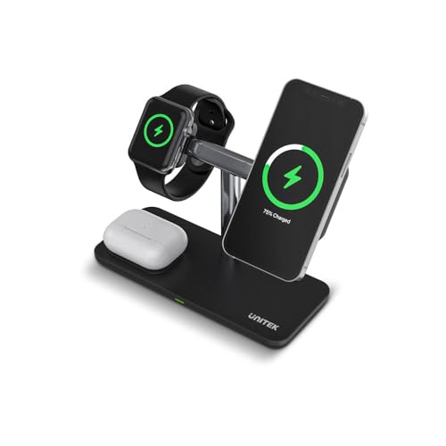 Unitek P1212A MagMighty TRI 3 en 1 Support de Charge magnétique sans Fil séparable | Entrée : 12 V 3 A / 9 V3 A / 5 V3 A | Upstream USB-C/Bouchons d'oreille/Watch OS SmartWatch Smartphone