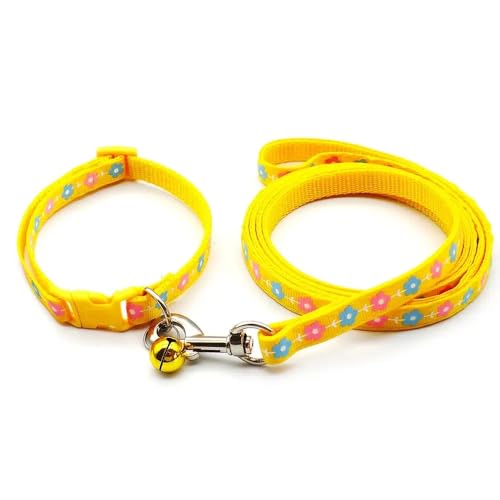 Small Dog Puppy Pet Collar and Lead Set Flower Design Nylon Adjustable Size 19-32cm Collar with Bell and 120cm Leash Yellow - Image 2