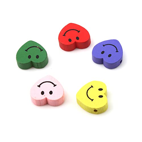 Wooden Beads for Threading 20 Pieces Motif Colourful Beads Set for DIY Bracelets Jewellery Necklaces Mixed Colour (Heart with Smiley Face 17 mm) - Image 4