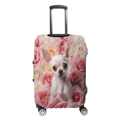Pet Dog Chihuahua with Rose Flower Travel Luggage Cover Washable Suitcase Protector Baggage Covers for Women Men S4