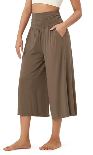 ODODOS Women's Wide Leg Palazzo Lounge Cropped Pants with Pockets Light Weight Comfy Casual Pajama Capri Pants-20 inseam, Brownie, XX-Large