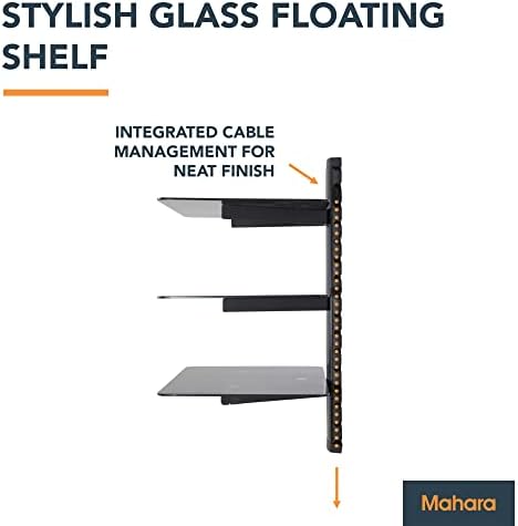 mahara Black Floating Shelf x 3 - Tempered Safety Glass Shelf - Mounted Wall Shelf W38cm X D28cm - Floating Shelves Support Maximum 10kg - Black Shelf for DVD Players/TV Accessories/Games Consoles
