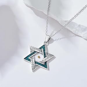 Hanukkah Necklace 925 Sterling Silver Star of David Pendant Turquoise Jewish Jewelry Mustard Seed Gift for Women Men
