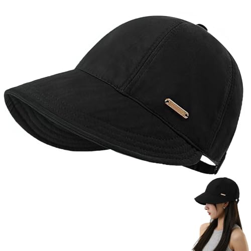 UPF 50+ Womens Sun Hat Wide Brim Hat UV Protection Hiking Fishing Hats Ponytail Hole Sun Cap Foldable Baseball Cap for Travel Outdoor Black