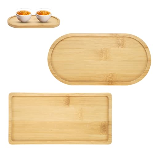 EXIN DEHCEN 2 Pièces Plateau en Bambou, Petit Plateau Decoratif Assiette Bambou de Stockage Service Bois pour Nourriture, Tasses, Bijoux, Pots de Fleurs, Café, Biscuit (Ovales, Rectangulaire)