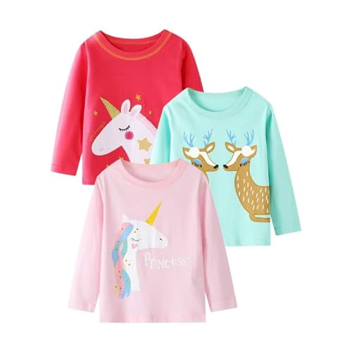 Image of Girl Long Sleeve Shirts Christams Tops Tees Cotton Casual Stripe Crewneck Graphic Jersey Tunic T-Shirts 3 Packs Sets