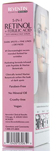 Reventin-Clinicals-Results-Retinol-Serum-with-Ferulic-Acid-Hyaluronic-Acid-Peptides-14-Fl-Oz-Anti-Wrinkle-serum-with-Retinol-also-targets-Age-Spots-Expression-Lines-Dry-Skin Reventin Clinicals Results Retinol Serum with Ferulic Acid, Hyaluronic Acid, Peptides. 1.4 Fl Oz. Anti-Wrinkle serum with Retinol also targets Age Spots, Expression Lines, Dry Skin.