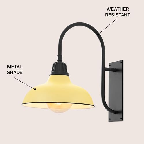Image of JONATHAN Y 12.25 inch Matte Yellow /Black 1-Light Farmhouse Gooseneck Outdoor Wall Sconce Lamp, with Black Metal Bowl Shade, Industrial Iron LED Porch Light for Patio Garage Entryway (JYL7614H)