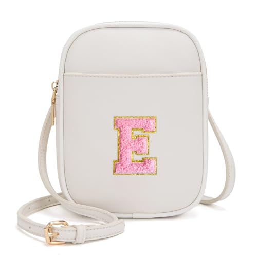 Viverte Toddler Purse Initial Crossbody Bags for Girls 3 Pockets PU Leather Cross Body Bag Crossbody Purse Handbag Personalized Gifts for Teen Girls Preppy Cute Stuff (Beige E)