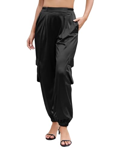 ZAFUL Womens Satin Joggers 2025 Boho Chic Cargo Jogger Pants High Waisted Stretch Silk Ankle Pants Slack Trousers