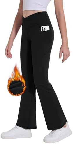 Desol Thermo Kreuzdesign Schlaghose Mädchen mit Taschen für Teenager Elastische Flared Leggings für Sport und Yoga Sporthose ideale Gymnastikhose und Jogginghose