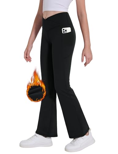 Desol Girl's Fleece Lined Flare Leggings with Pockets Crossover High Waisted Dance Bootcut Yoga Pants for Winter