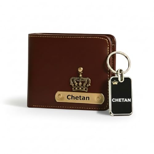 Image of Personalized Vegan Leather Wallet for Men with Name & Charm | Customised Wallets for Man Gift for Boyfriend Birthday | Free Metal Name Engraved Keychain - Brown