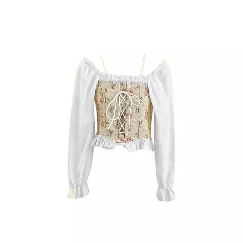 Image of ICW Women Korean Retro Style Vintage Floral Jacquard Lace-Up Off-The-Shoulder Smock Puff Sleeve Ruffled Crop Blouse Corset Top Dn81 (One Size XS-S) 2403